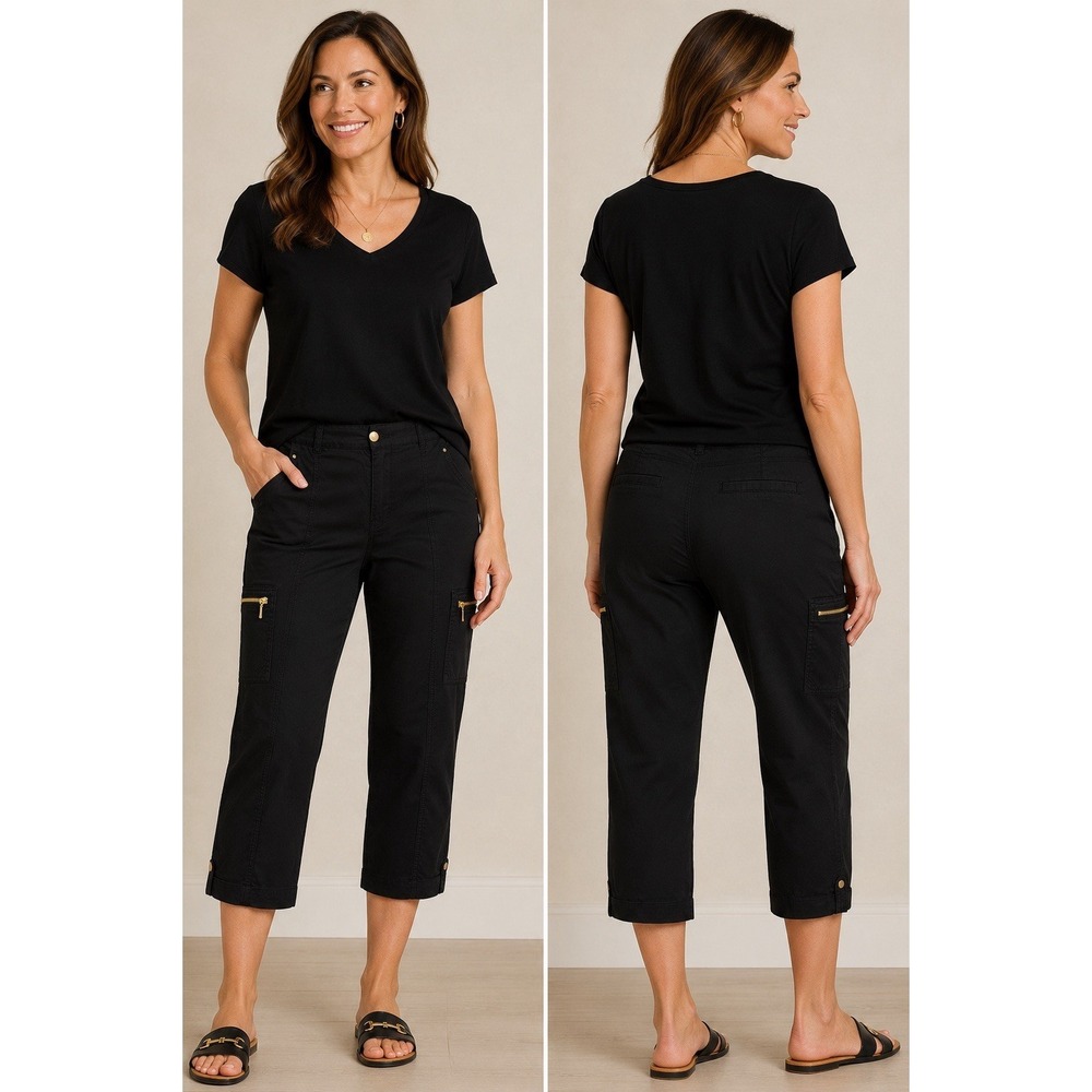 Chico's Black Cargo Crop Pants Size 1.5 Large Gold Zip pocket Utility
